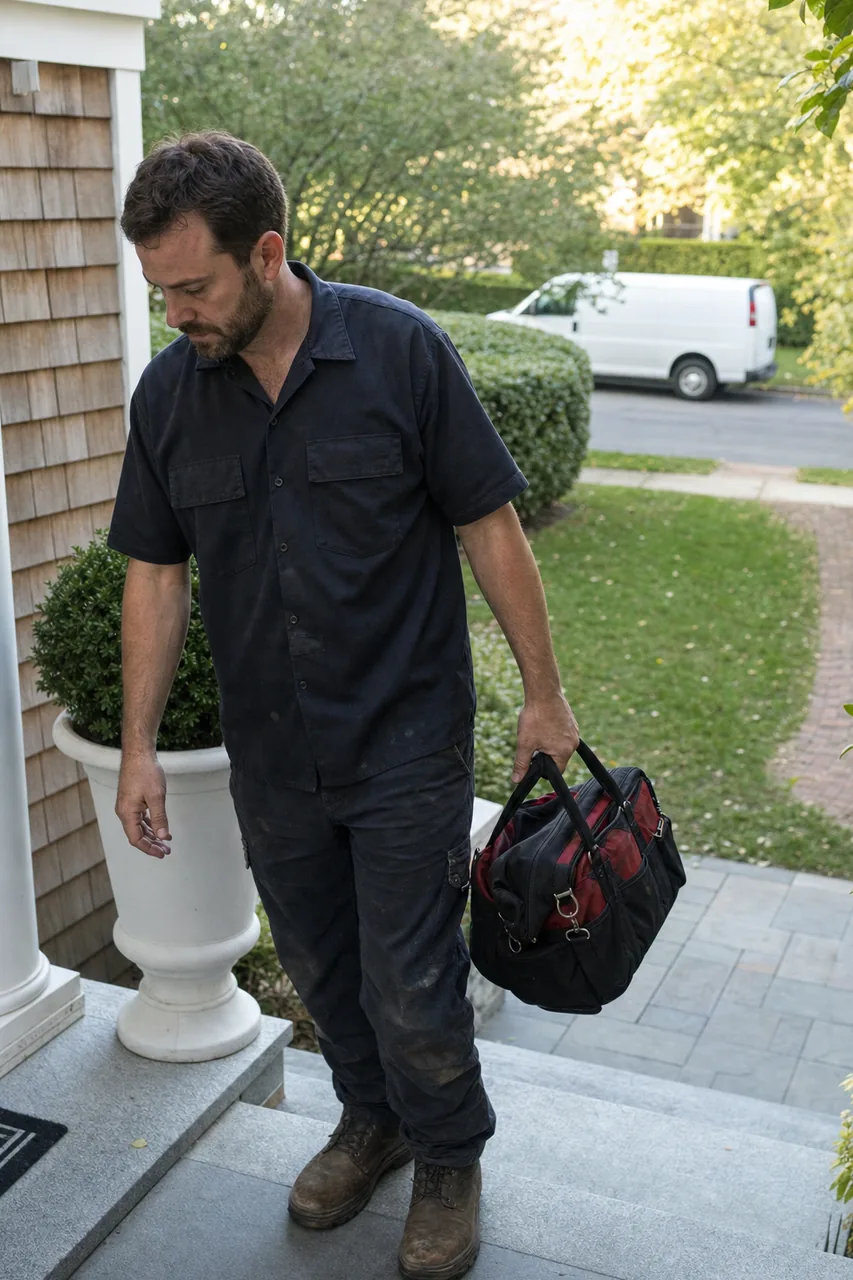 A technician in a plain unmarked work shirt carrying a soft tool bag up the front steps of a shingle-clad house, a plain white van parked at the curb behind him.