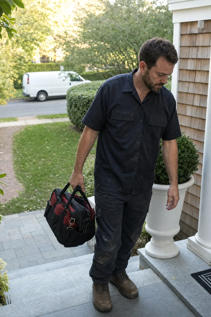 A technician stepping up to a house with a soft tool bag in one hand, a clipped hedge and a plain white van at the curb behind him in morning light.