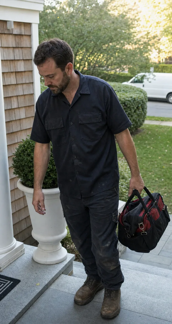 The cedar-shingled front wall of an older house with a painted porch column, a stone planter and worn granite steps, a technician arriving at the door.