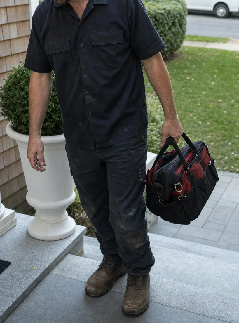 Work boots and a soft black tool bag on the granite front steps of a house, the paved path and a clipped hedge below, seen from above.