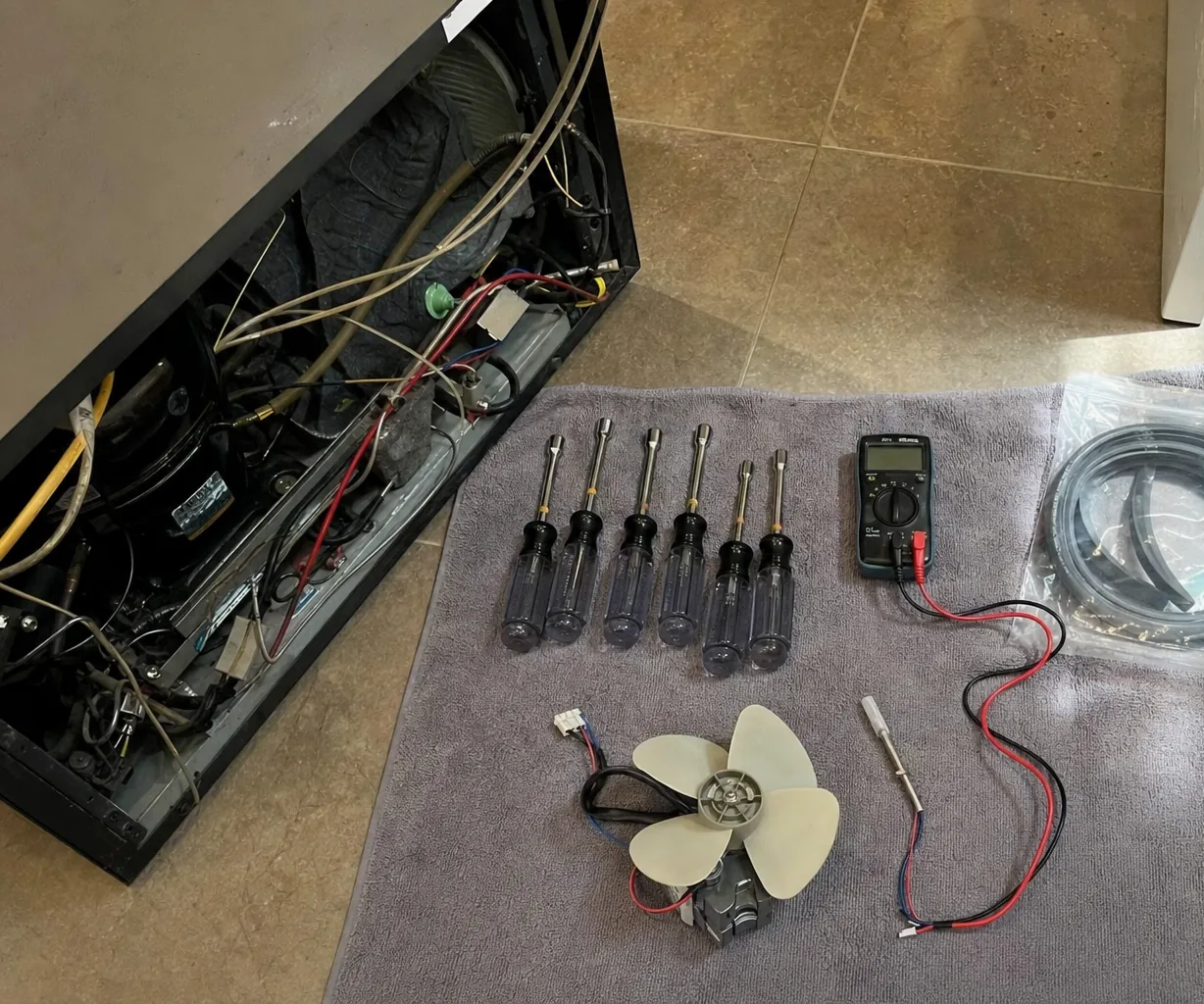 The opened base compartment of a refrigerator with its wiring loom, copper tubing and compressor visible, a row of nut drivers laid on a towel on the tile floor beside it.