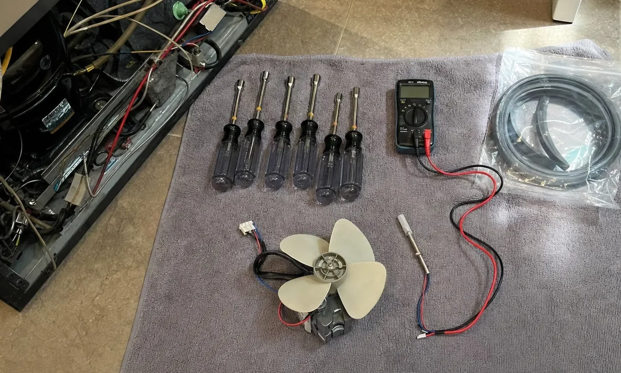 A replacement evaporator fan motor with its white connector and a wired temperature probe laid out on a grey towel on a kitchen floor.