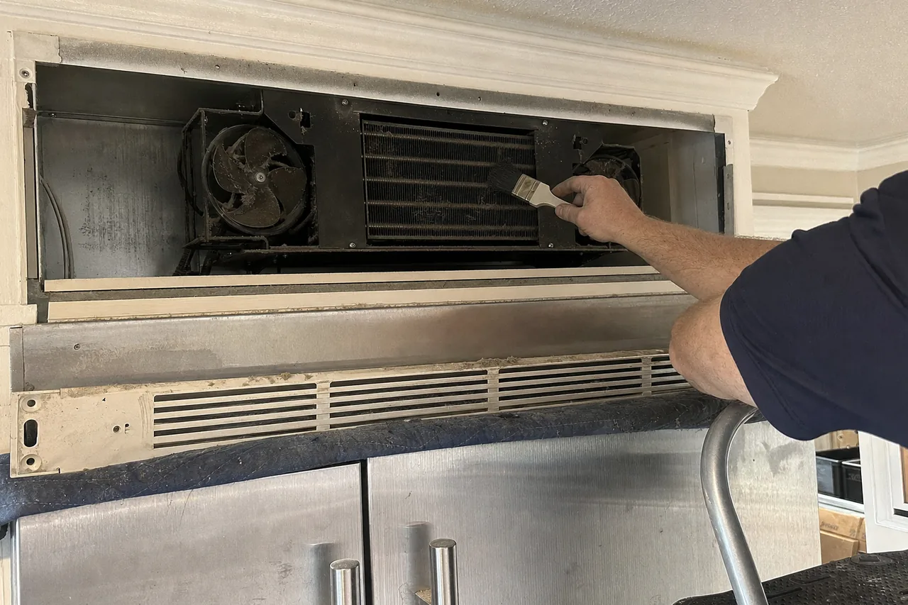 The upper grille removed from a built-in refrigerator, exposing a dust-caked condenser coil and twin fans set into the cabinet above the doors, with a hand holding a soft brush at the fins.