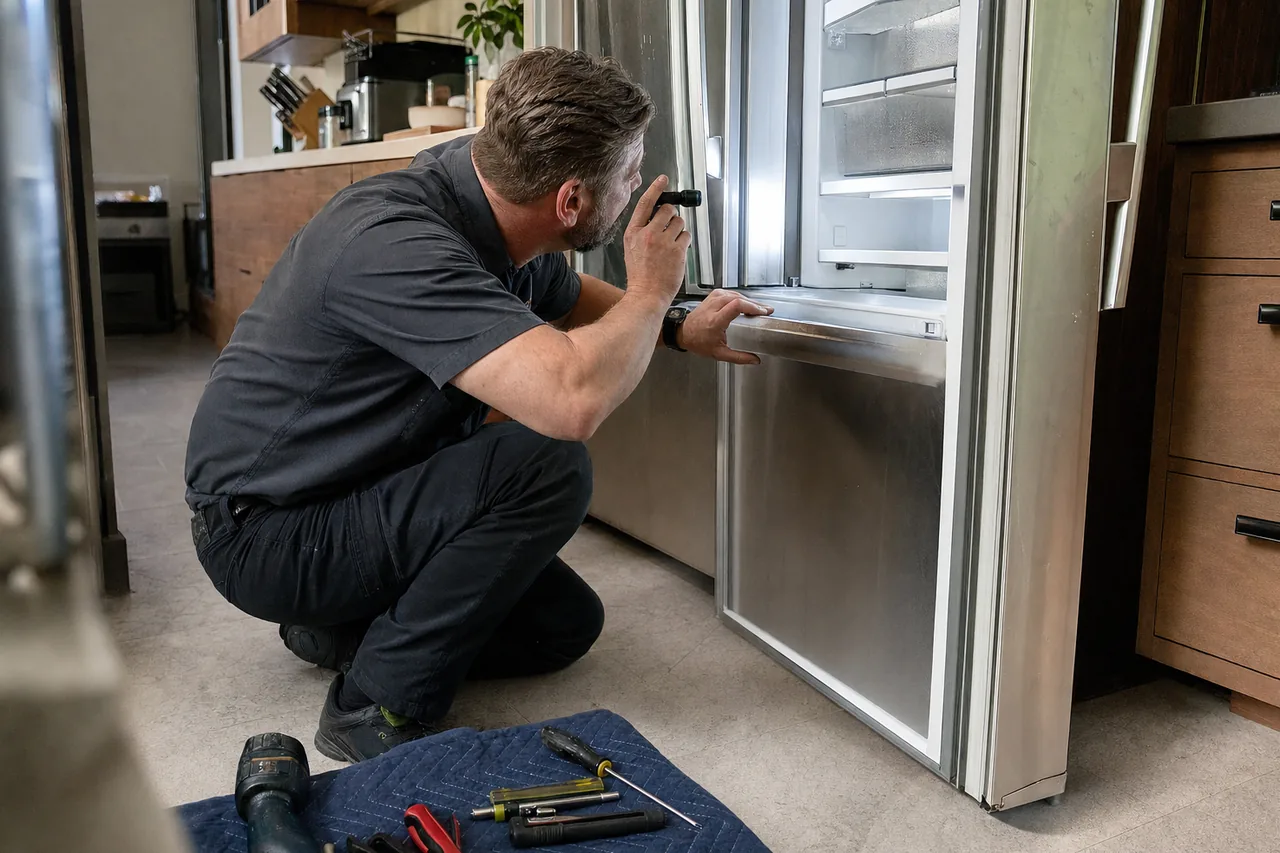 A technician kneeling at an open stainless built-in refrigerator in an upscale kitchen, steadying the door with one hand and lighting the interior with a small flashlight, hand tools laid out on a padded blanket on the floor behind him.
