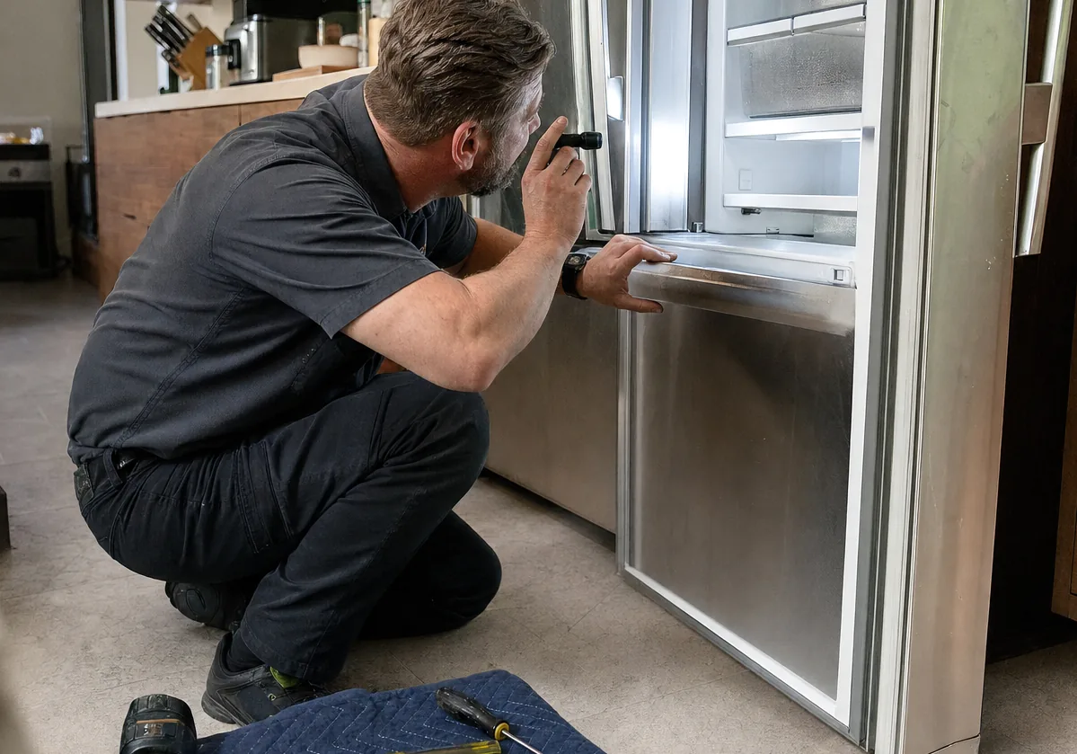 The open fresh-food compartment of a built-in refrigerator with its glass shelves bare, a technician holding a flashlight against the interior wall to read the liner and the vents.