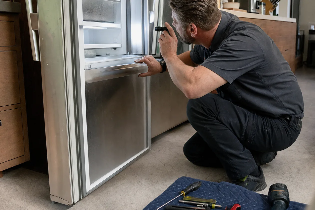A built-in refrigerator standing open in a cabinet run while a technician inspects the compartment, the kitchen island and a range visible past his shoulder.