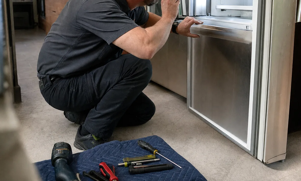 The lower half of a built-in refrigerator standing in its cabinet opening, its stainless base panel and floor rail visible, a padded moving blanket and hand tools spread on the tiled floor in front of it.