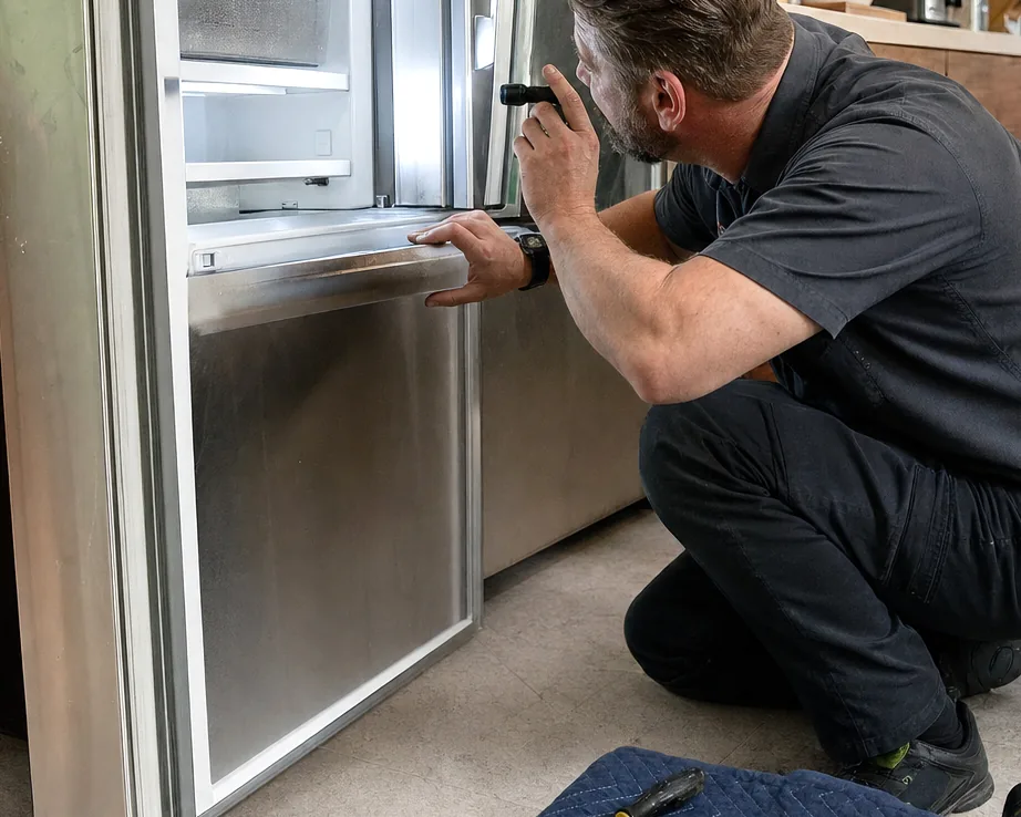 Close on a technician’s hands at the open door of a built-in refrigerator, one hand on the door edge and the other holding a flashlight into the compartment.