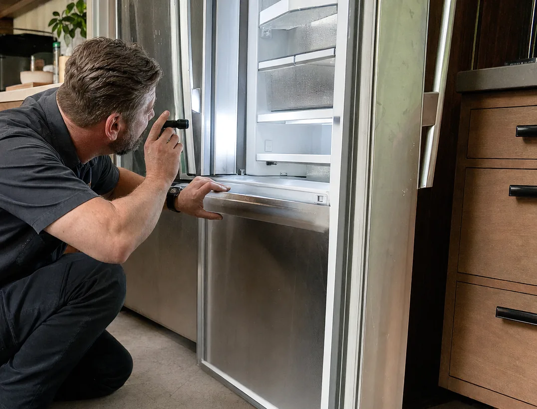 The upper interior of an open built-in refrigerator photographed from floor level: glass shelves, the lit interior liner, and the divider between the two compartments.